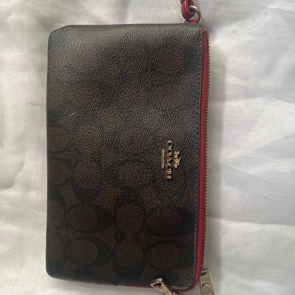 Coach Brown and Red Wallet with Signature Design
